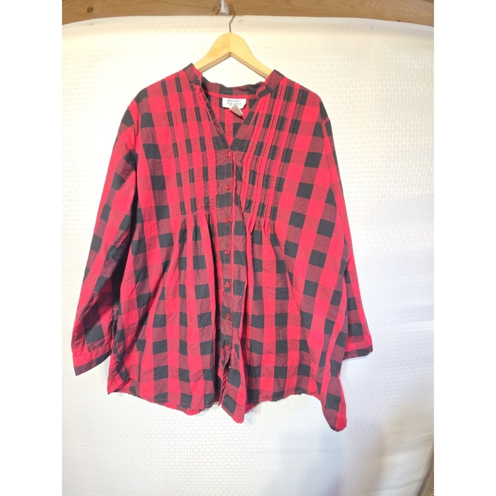 Mainstreet Blues Women's 1X Red Black Buffalo Plaid Button Front Tunic Top